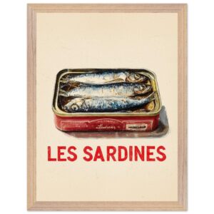 A framed poster featuring a tin of sardines with the text