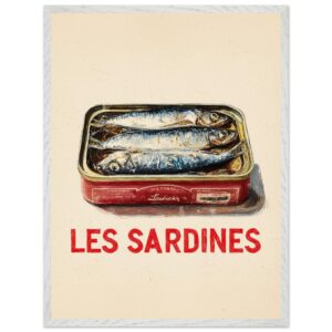 A vintage-style illustration of a tin of sardines with the text