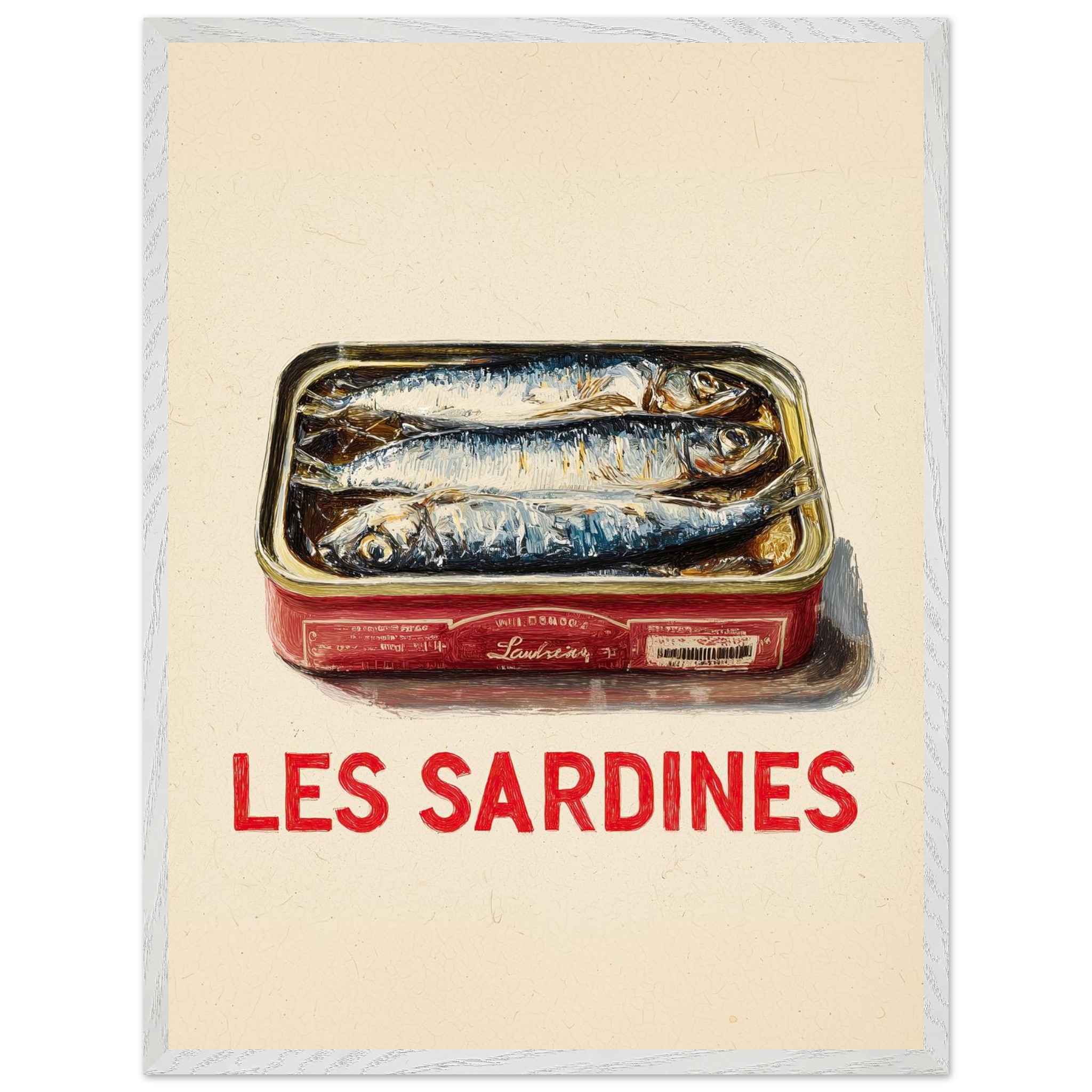 A vintage-style illustration of a tin of sardines with the text "LES SARDINES" in bold red letters.