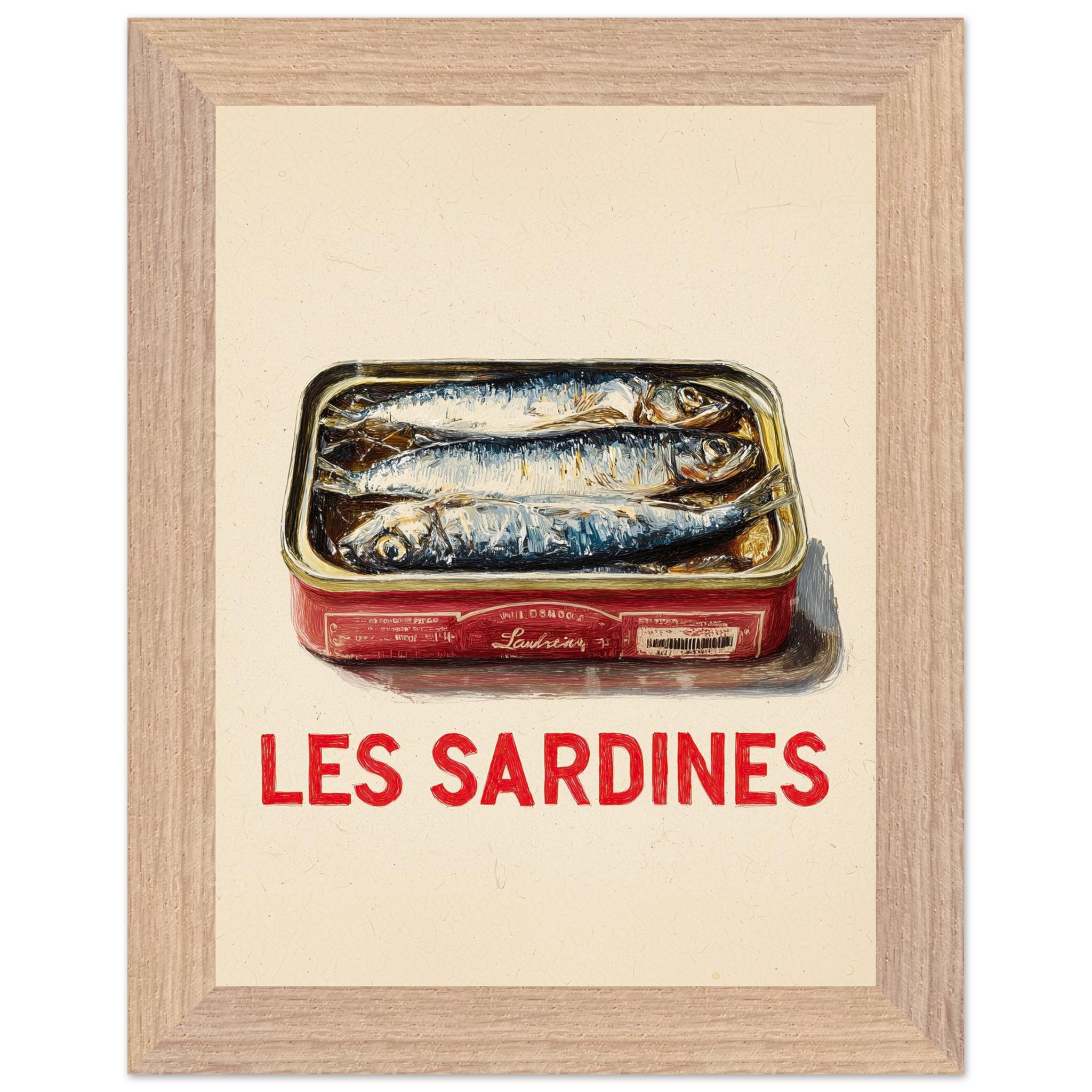 A framed poster featuring a tin of sardines with the text "LES SARDINES" below the illustration.