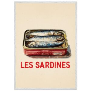 A vintage-style illustration of a tin of sardines with the text