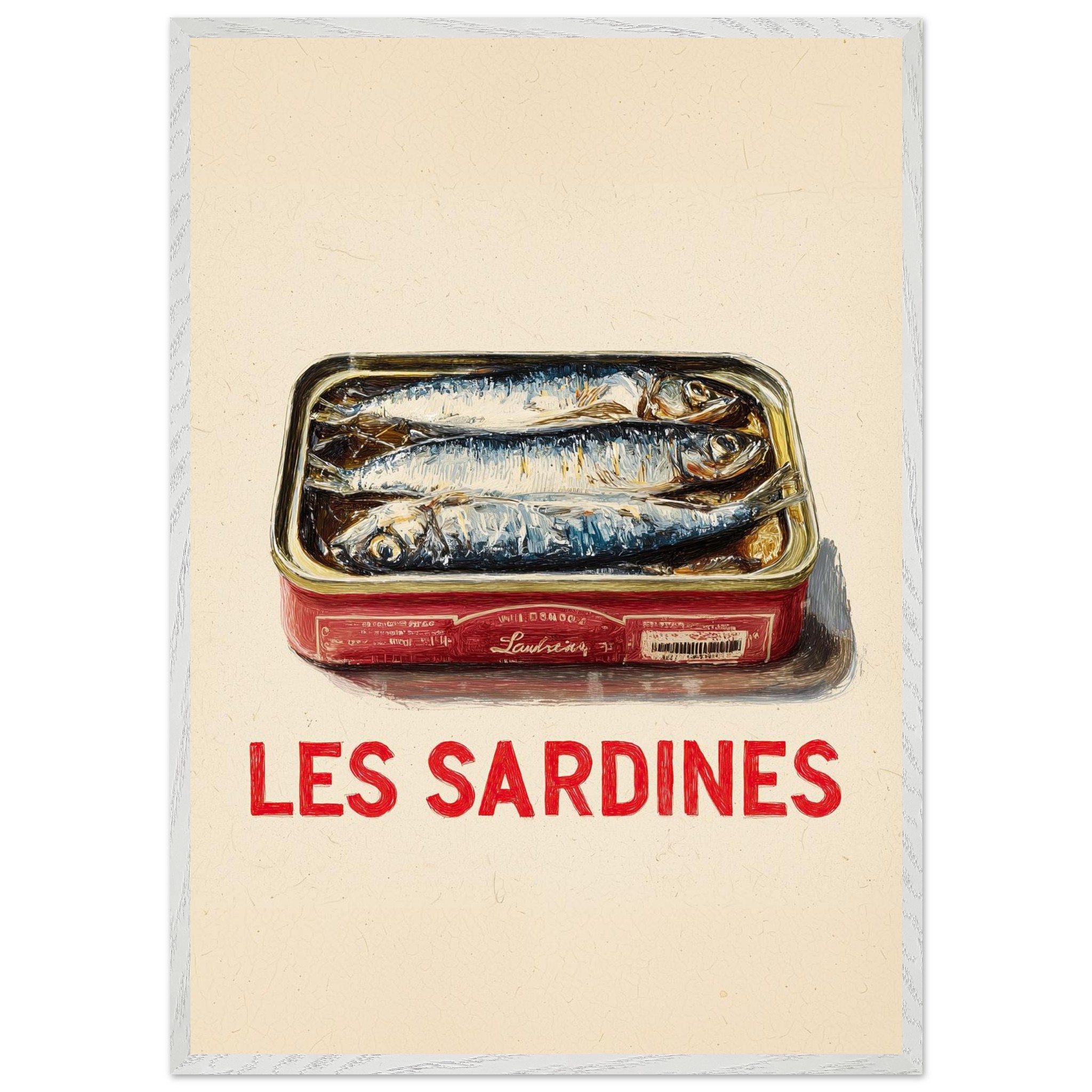 A vintage-style illustration of a tin of sardines with the text "LES SARDINES" in bold red letters.