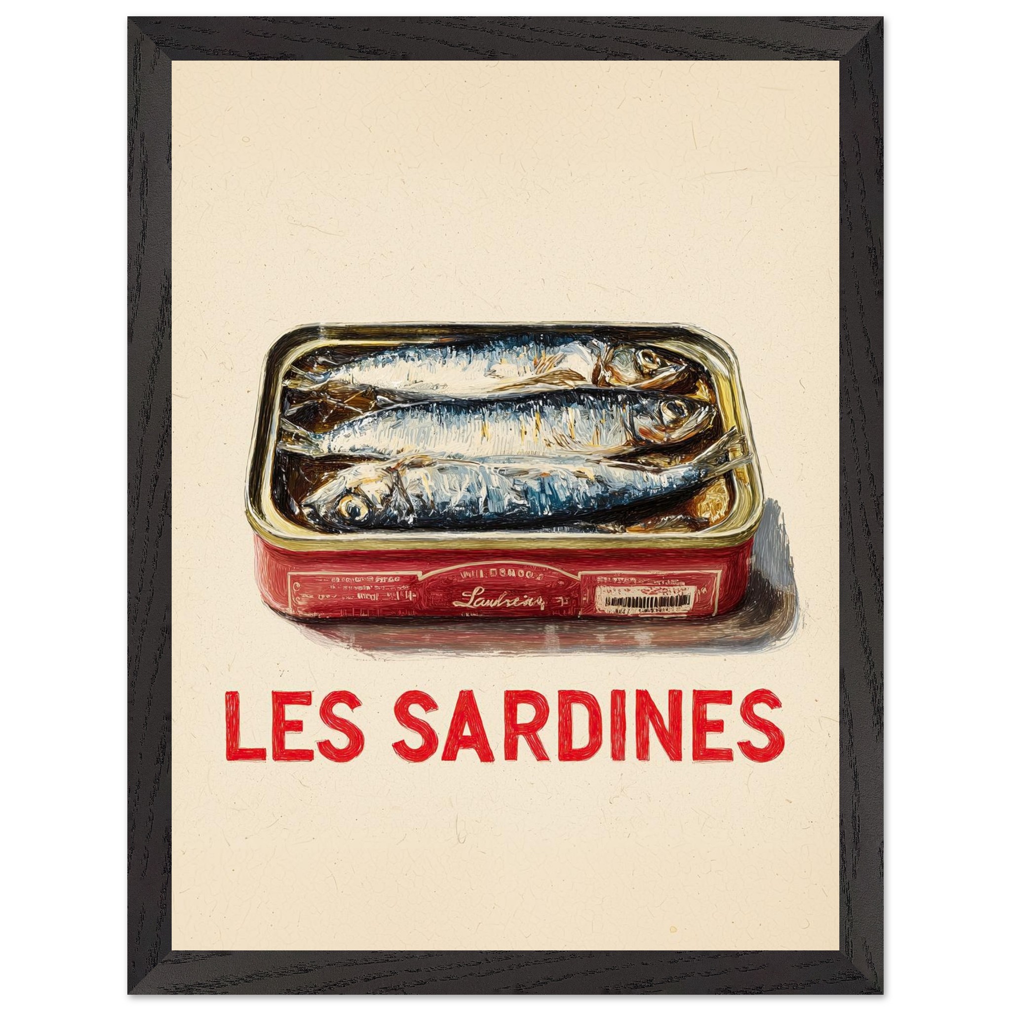 A framed poster featuring a tin of sardines with the text "LES SARDINES" below the image.