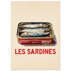 A vintage-style poster featuring a tin of sardines with the text