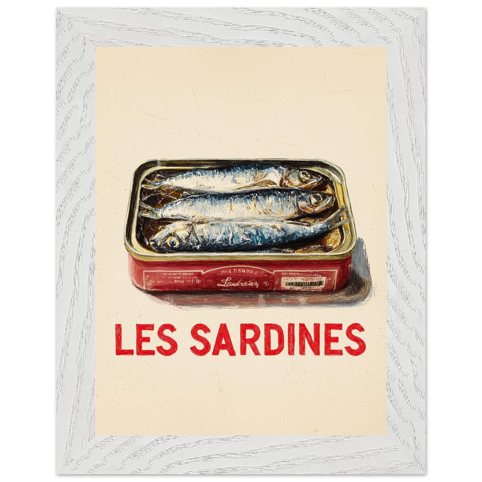 A vintage-style illustration of a tin of sardines with the text "LES SARDINES" below it.