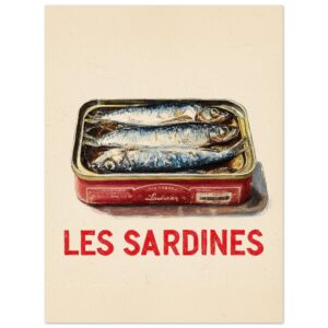 A vintage-style poster featuring a tin of sardines with the text