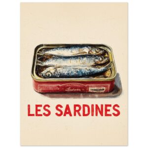 A vintage-style illustration of a tin can containing sardines with the text