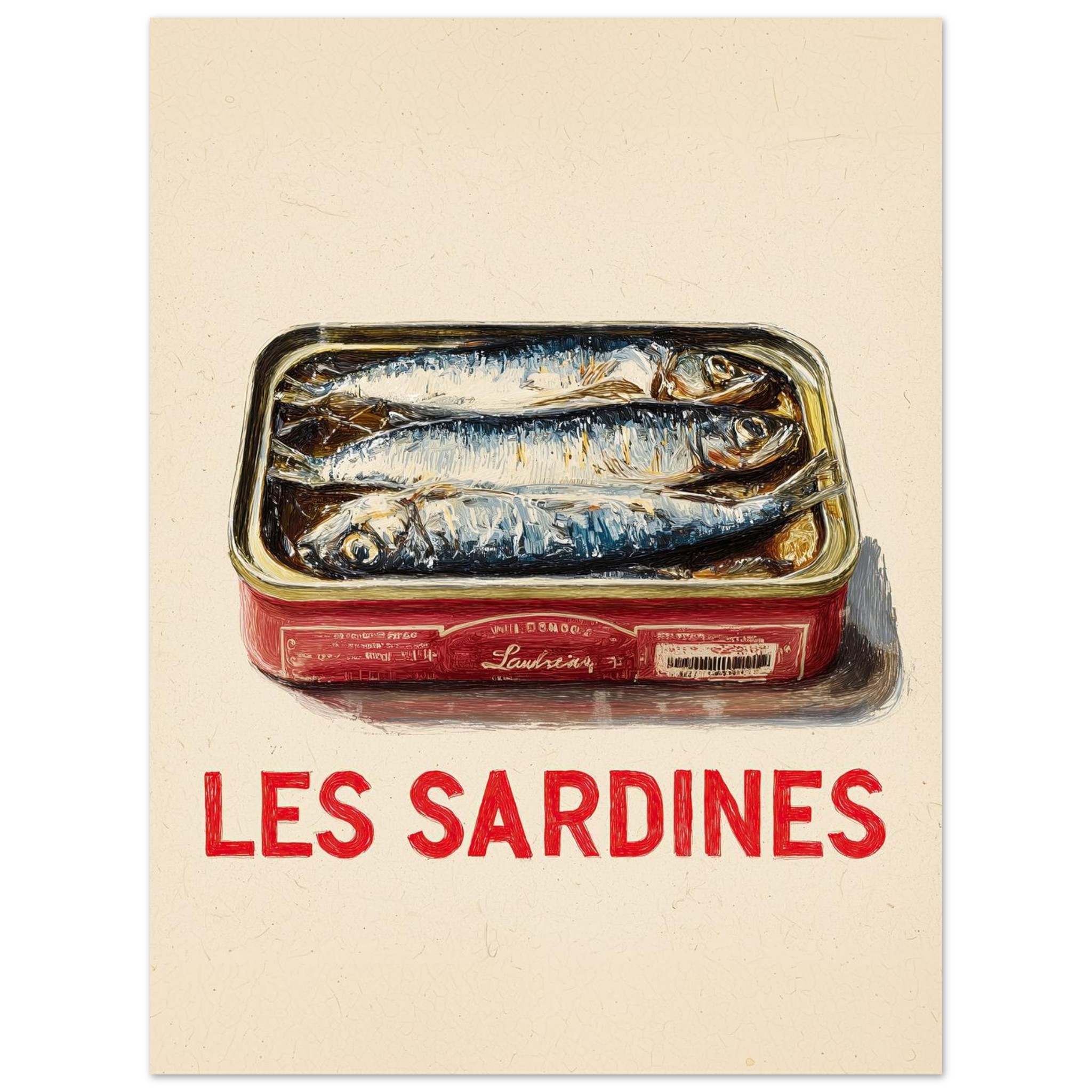 A vintage-style illustration of a tin can containing sardines with the text "LES SARDINES" below.