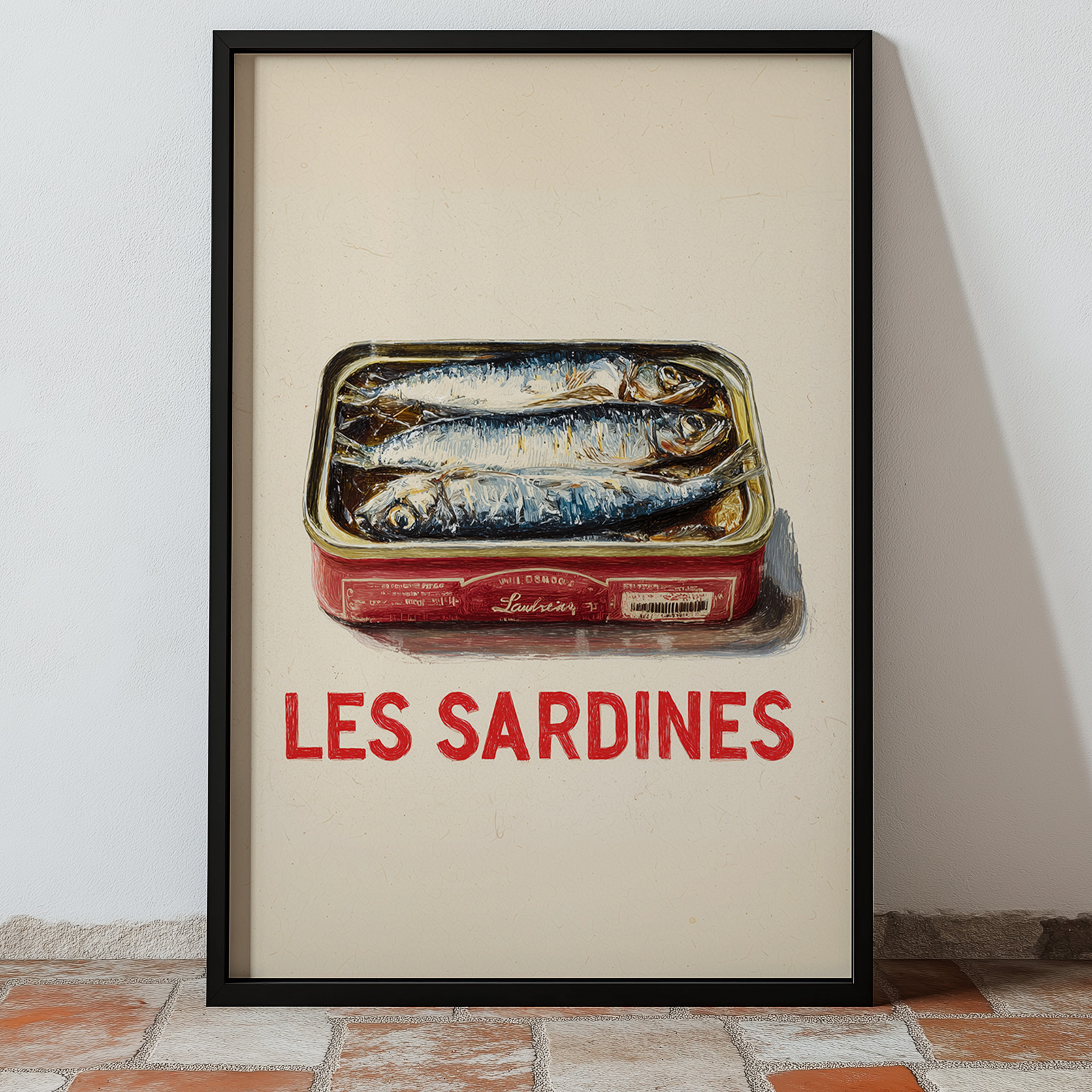 A framed poster featuring a tin of sardines with the text "LES SARDINES" in bold red letters.