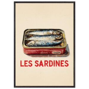 A framed poster featuring a can of sardines with three fish inside and the text