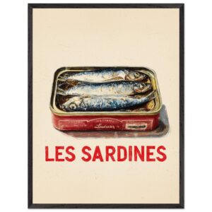 A framed poster featuring a tin of sardines with the text