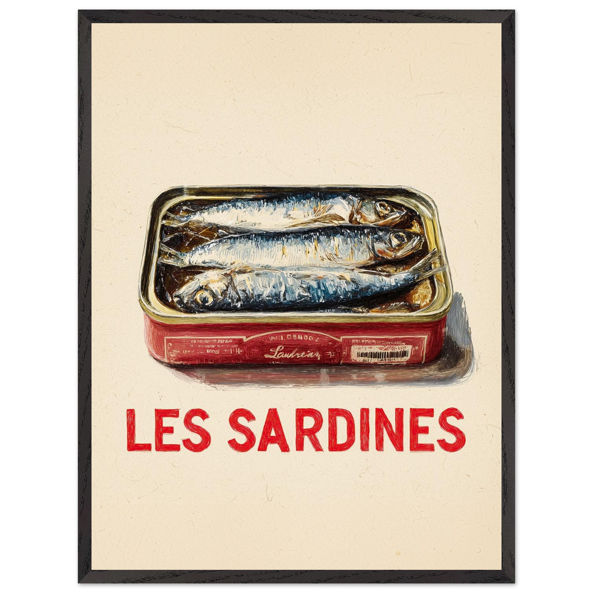 A framed poster featuring a tin of sardines with the text "LES SARDINES" below the illustration.