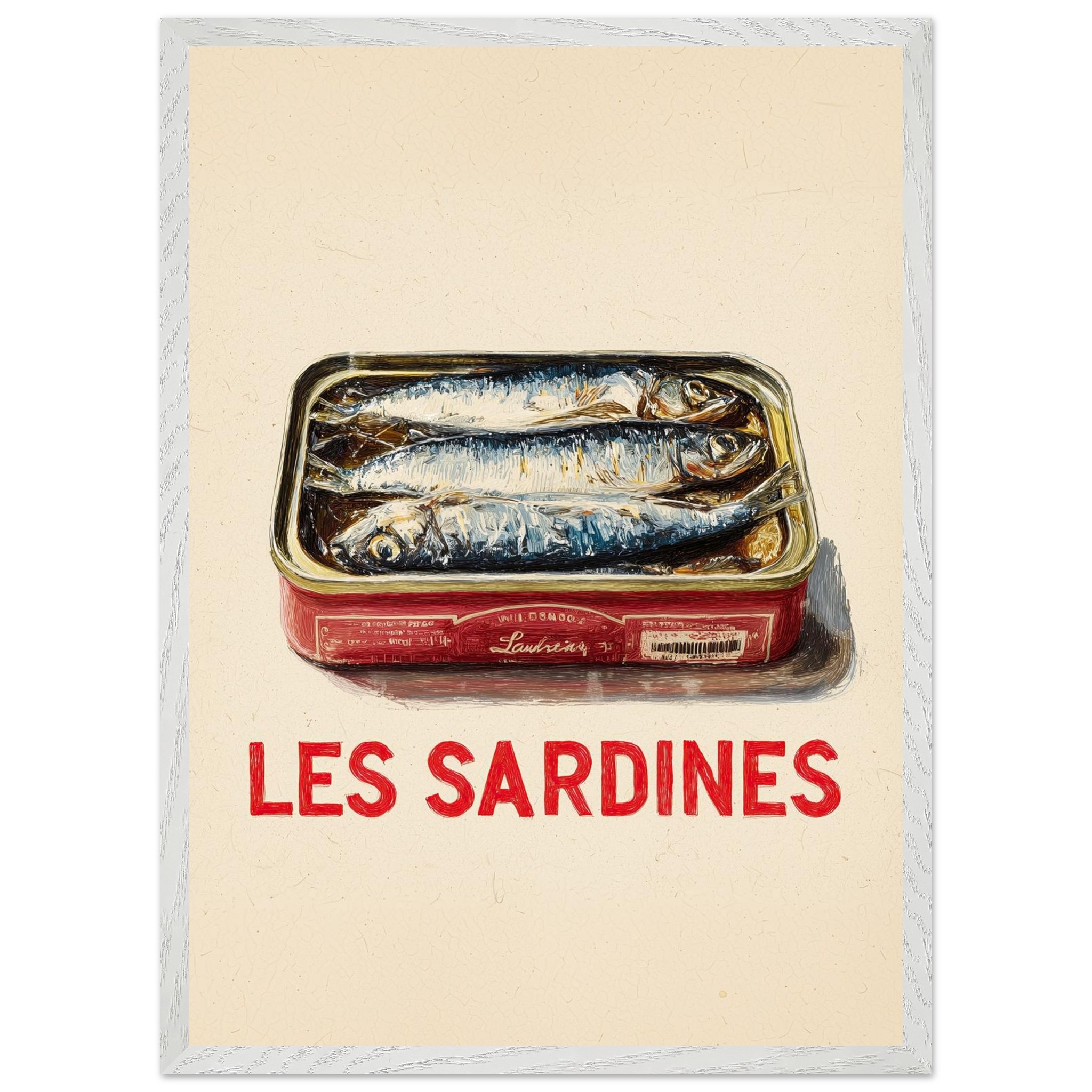 A vintage-style poster featuring a tin of sardines with the text "LES SARDINES" in bold red letters.