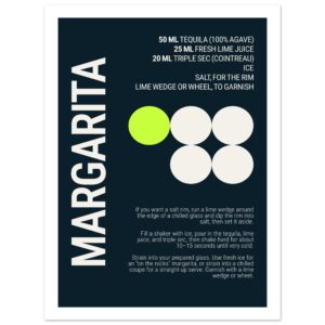 Typography print poster with margarita ingredients and instructions on a deep teal background.