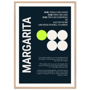 Typography print featuring Margarita recipe and instructions on deep teal background.