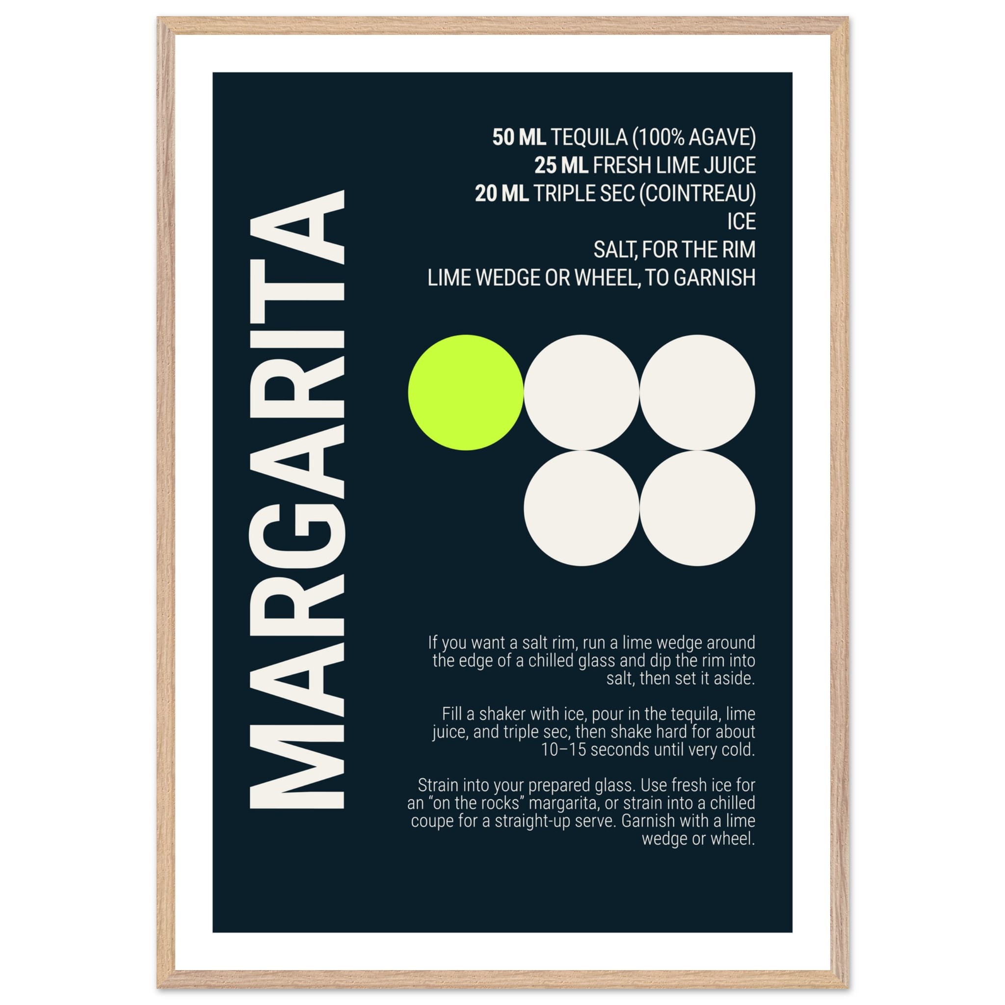 Typography print featuring Margarita recipe and instructions on deep teal background.