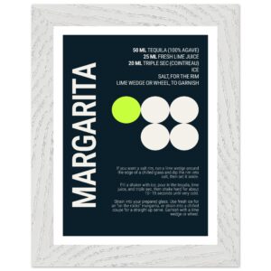 Margarita recipe typography print on deep teal background.