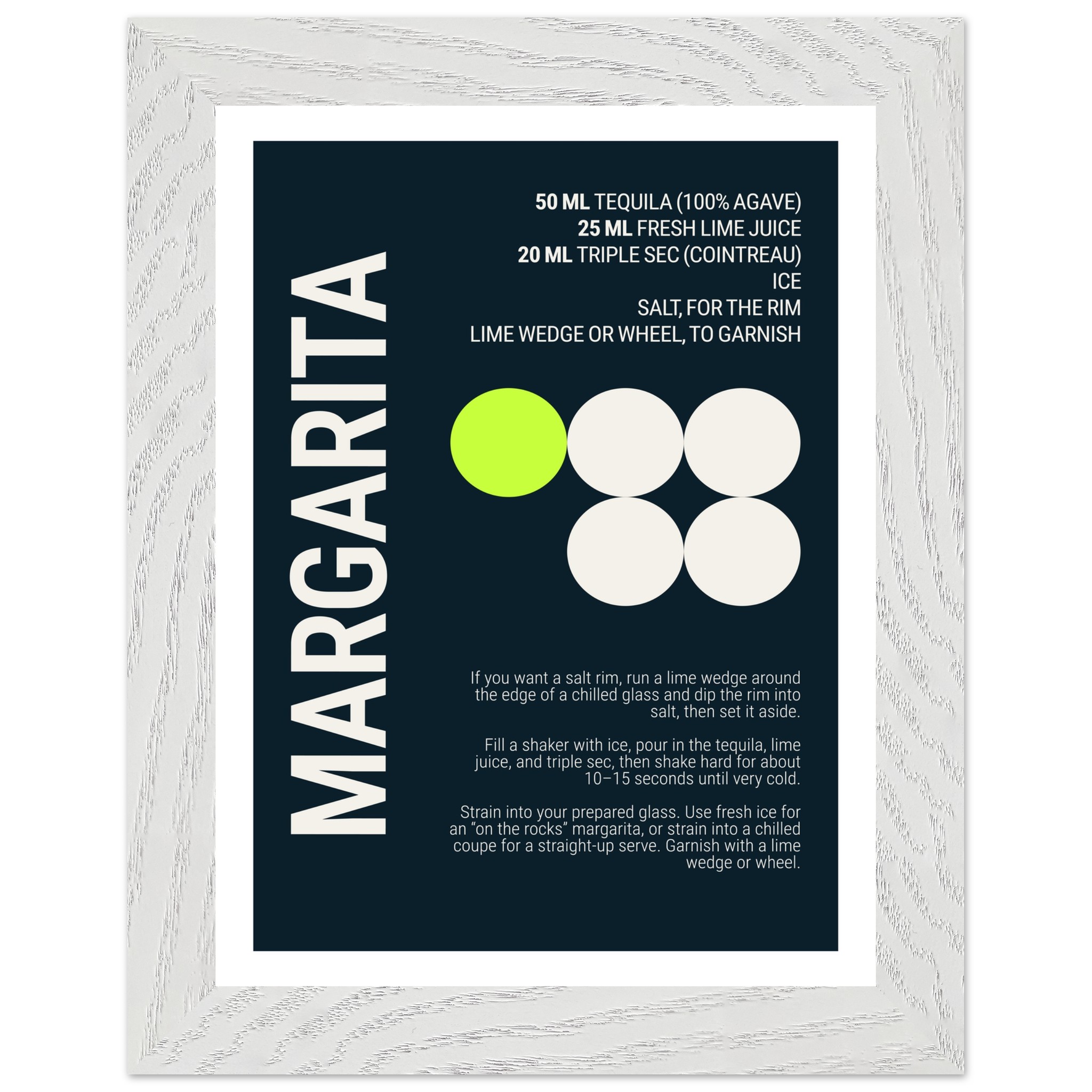 Margarita recipe typography print on deep teal background.