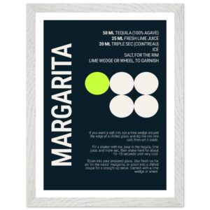 Margarita cocktail recipe poster with teal background and white text.