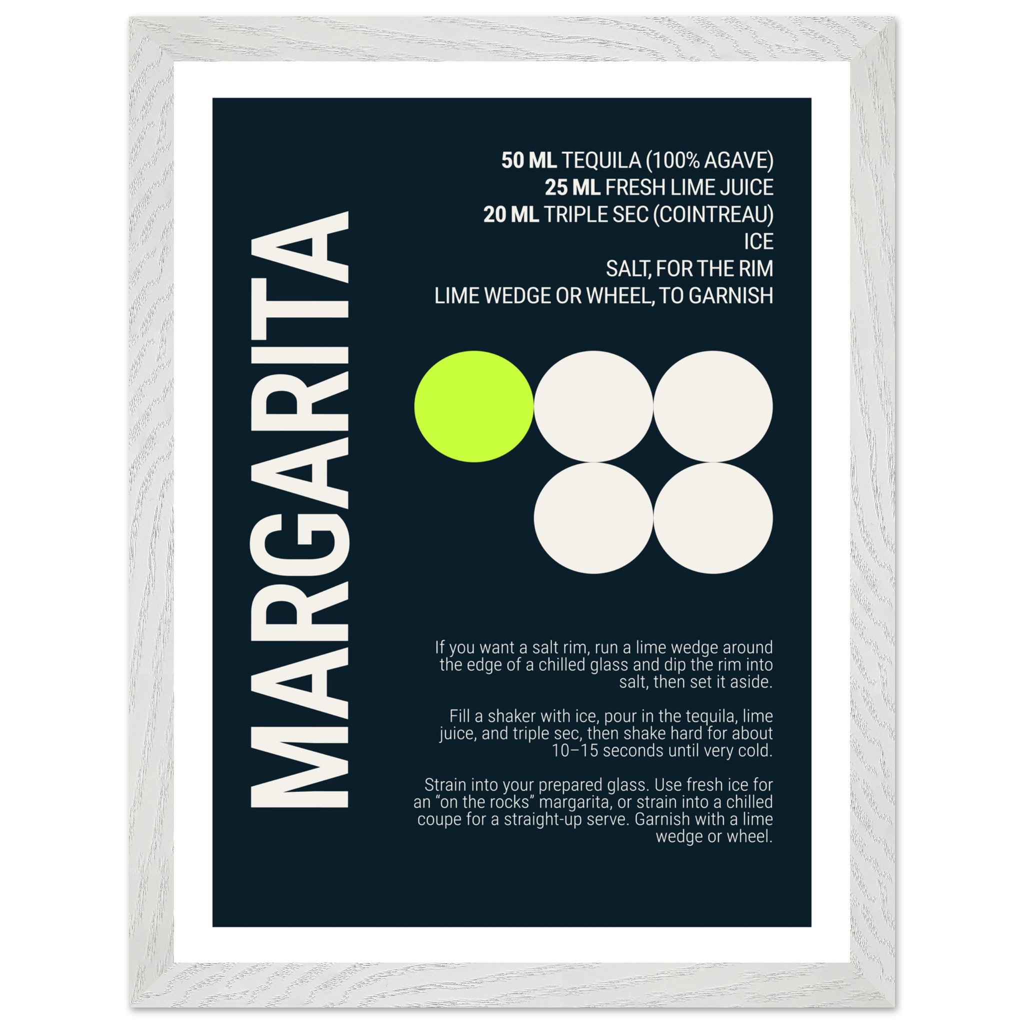 Margarita cocktail recipe poster with teal background and white text.