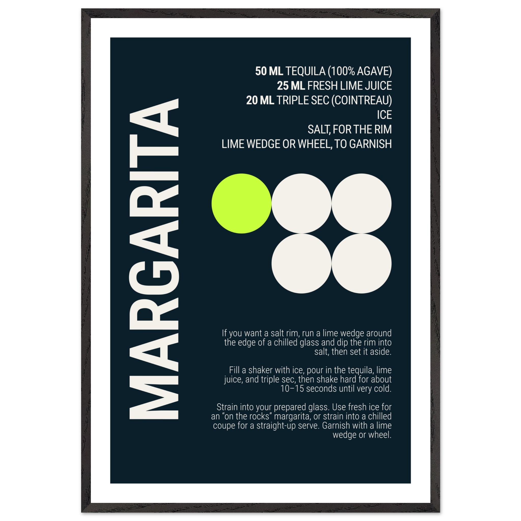Margarita recipe poster featuring bold typography and colorful circles.