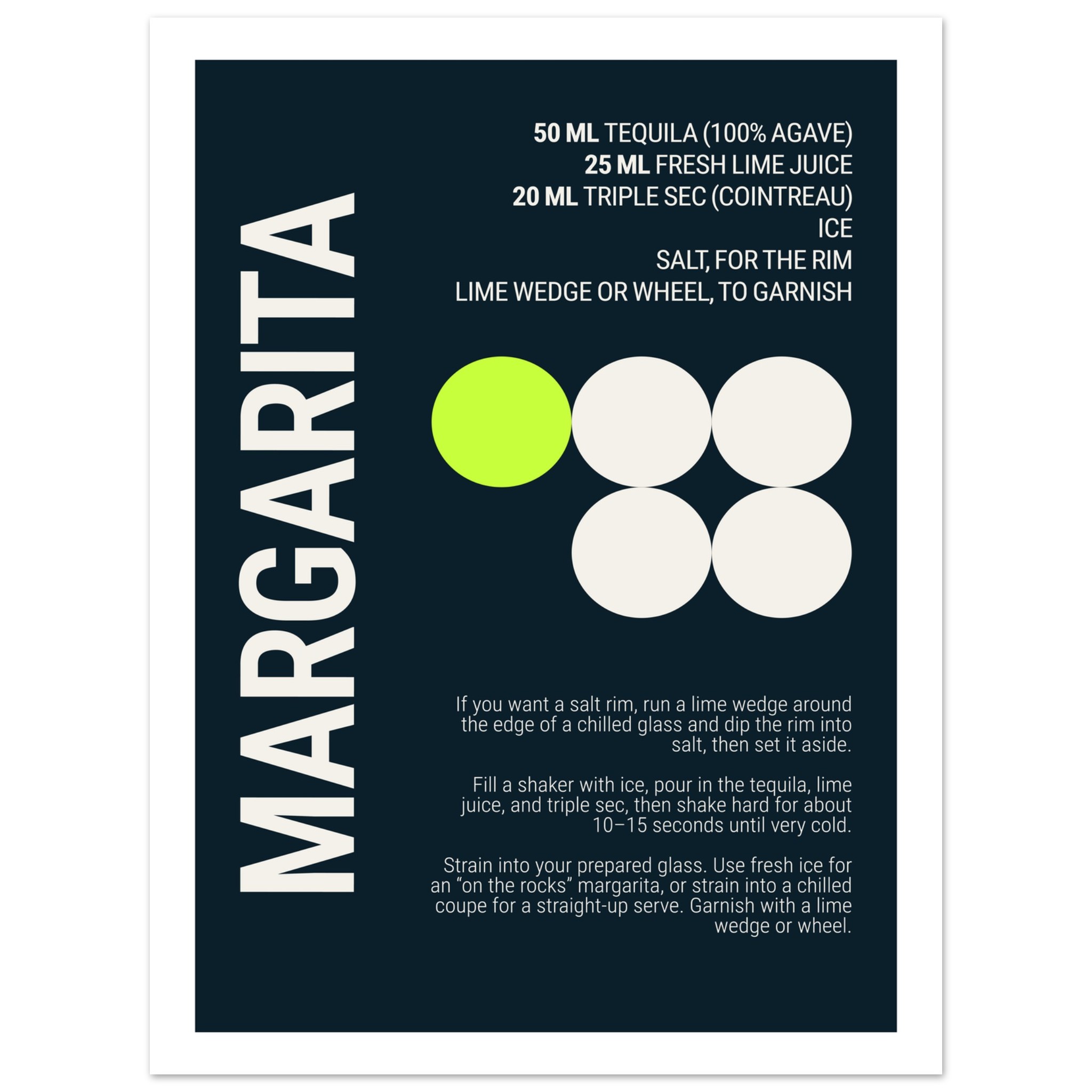 Typography print poster featuring a margarita recipe on a teal background.