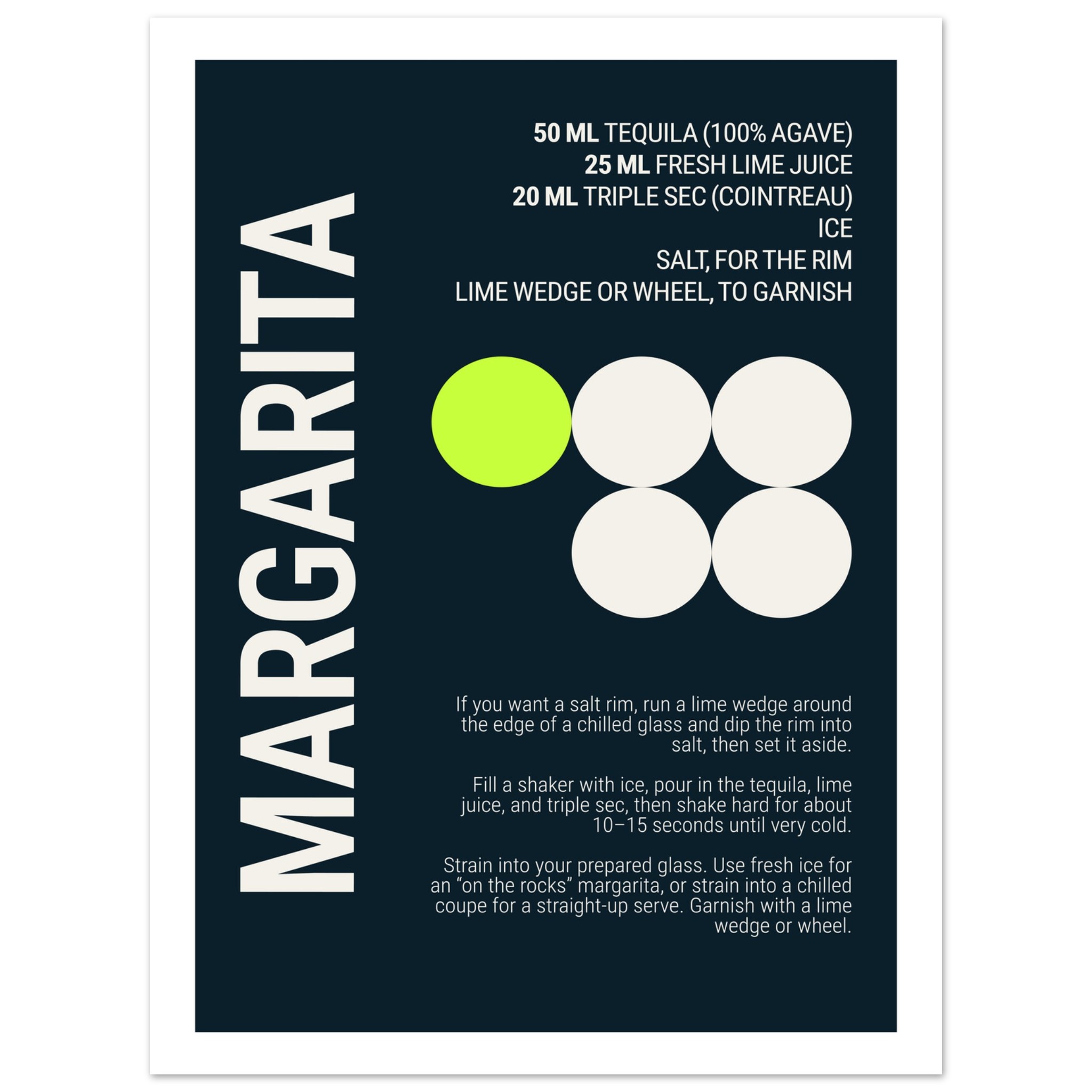 Typography poster displaying Margarita cocktail recipe and ingredients.
