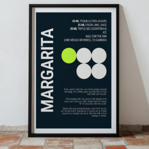 Typography print poster featuring Margarita recipe on deep teal background.