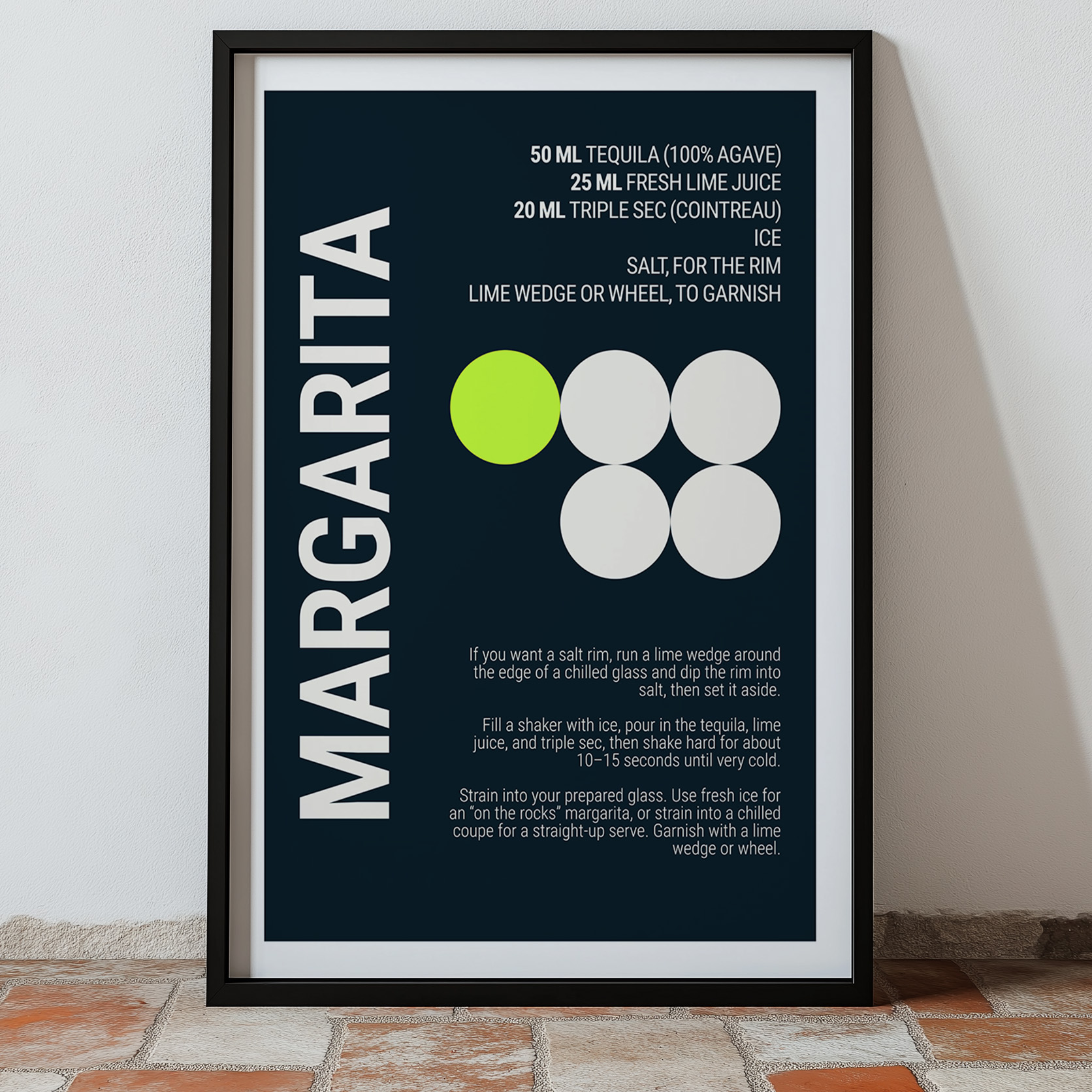Typography print poster featuring Margarita recipe on deep teal background.