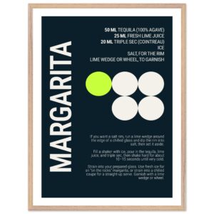 Margarita recipe typography print with deep teal background and white text.