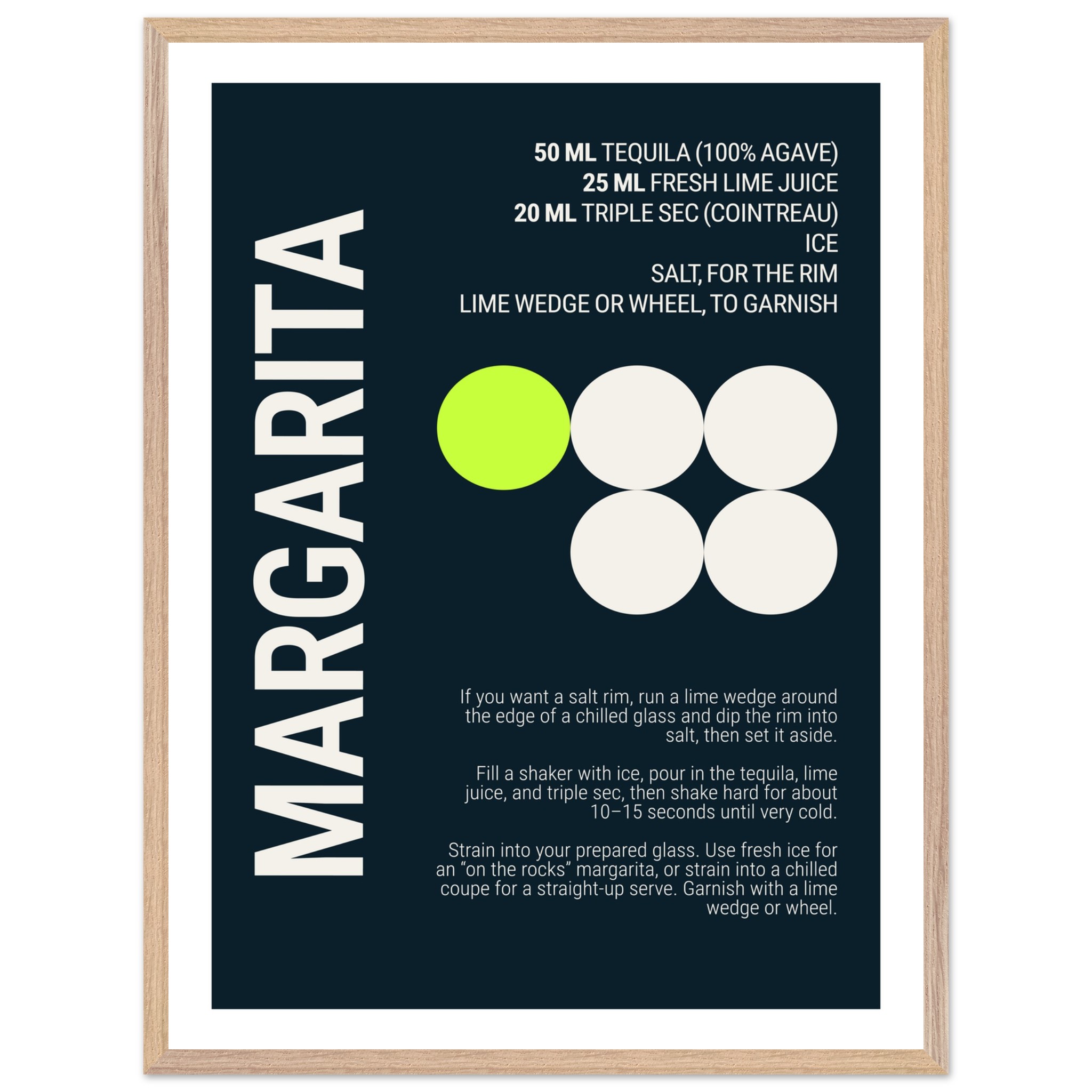 Margarita recipe typography print with deep teal background and white text.