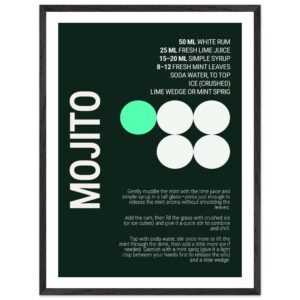 Mojito cocktail recipe poster with mint green and dark background.