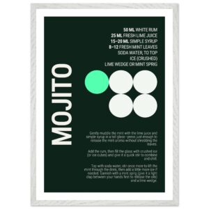 Typography print poster featuring a mojito cocktail recipe on a dark background.