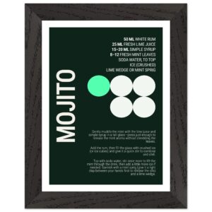 Typography print poster featuring a mojito cocktail recipe on a dark background.