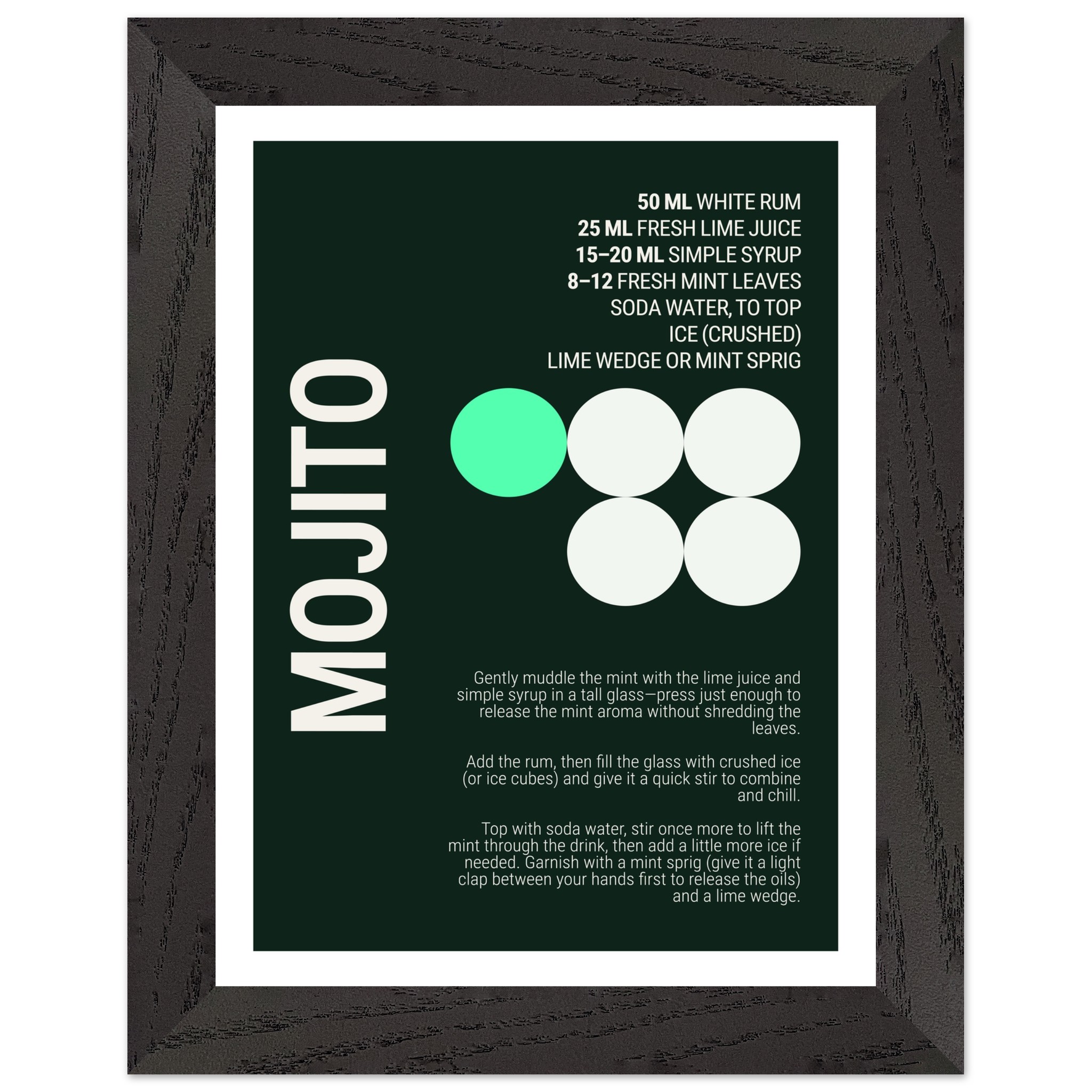 Typography print poster featuring a mojito cocktail recipe on a dark background.
