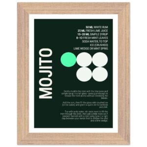 Mojito cocktail recipe poster with deep mint and forest green colors.