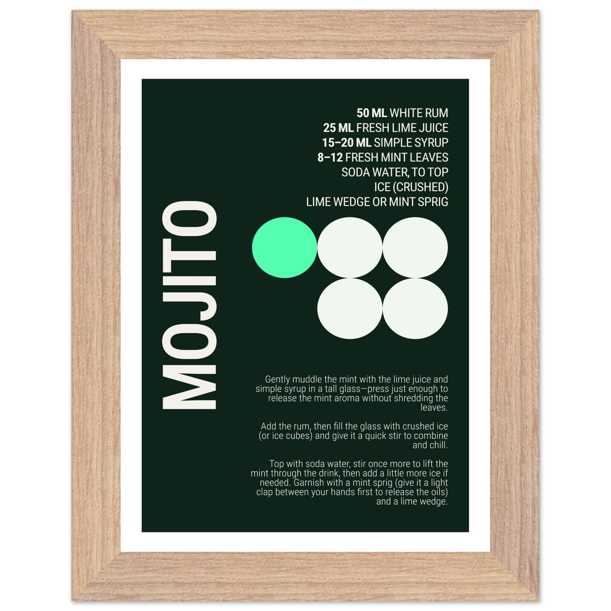Mojito cocktail recipe poster with deep mint and forest green colors.