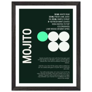 Typography print poster featuring a mojito recipe on a dark background.