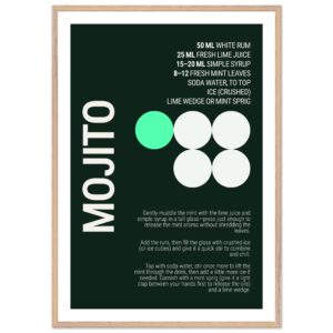 Typography print poster featuring a mojito cocktail recipe on a dark background.