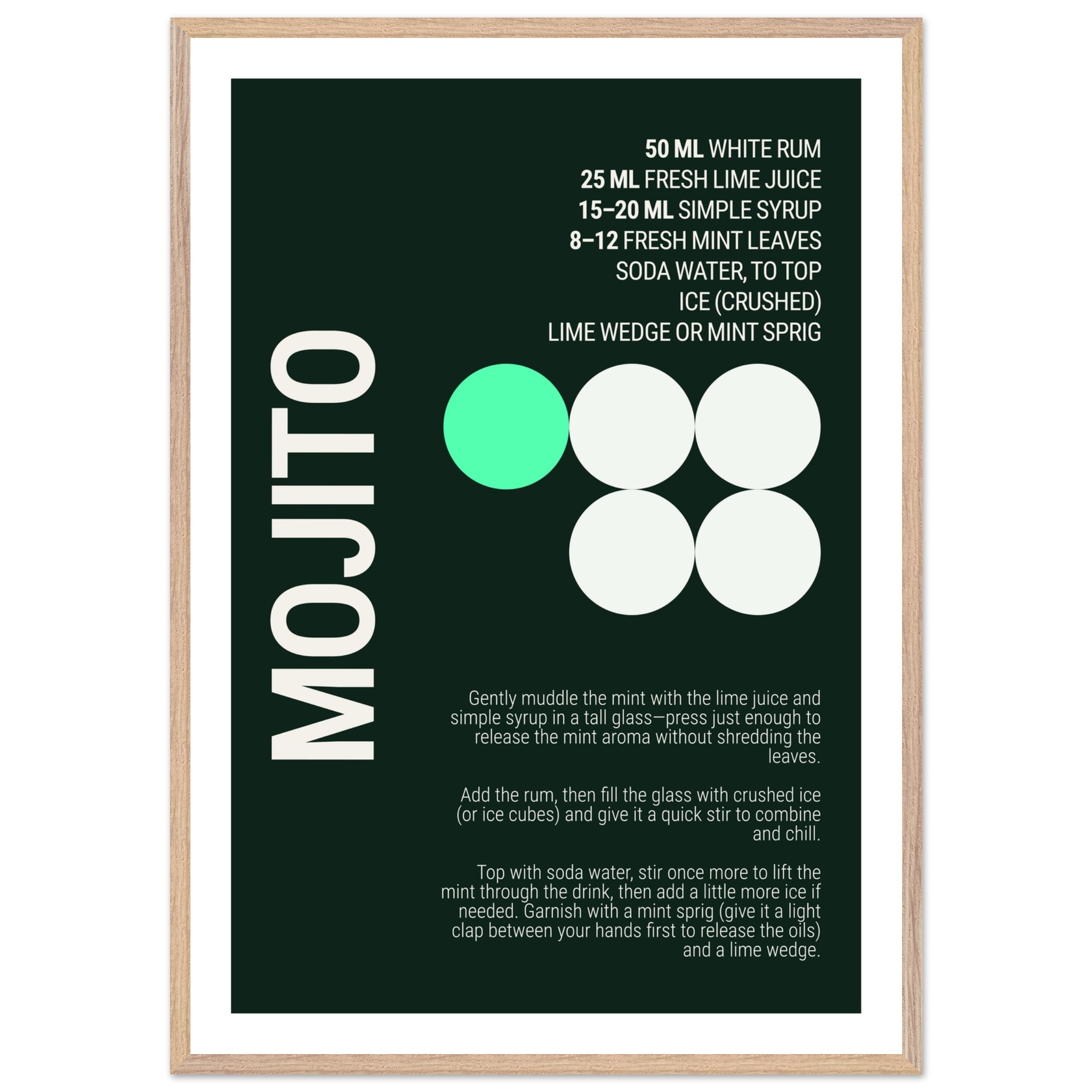 Typography print poster featuring a mojito cocktail recipe on a dark background.