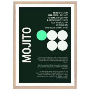 Mojito cocktail recipe poster with mint green and dark background.