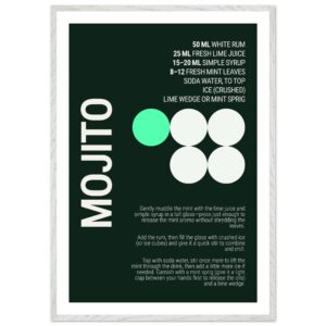 Typography print poster featuring a mojito cocktail recipe on a dark background.