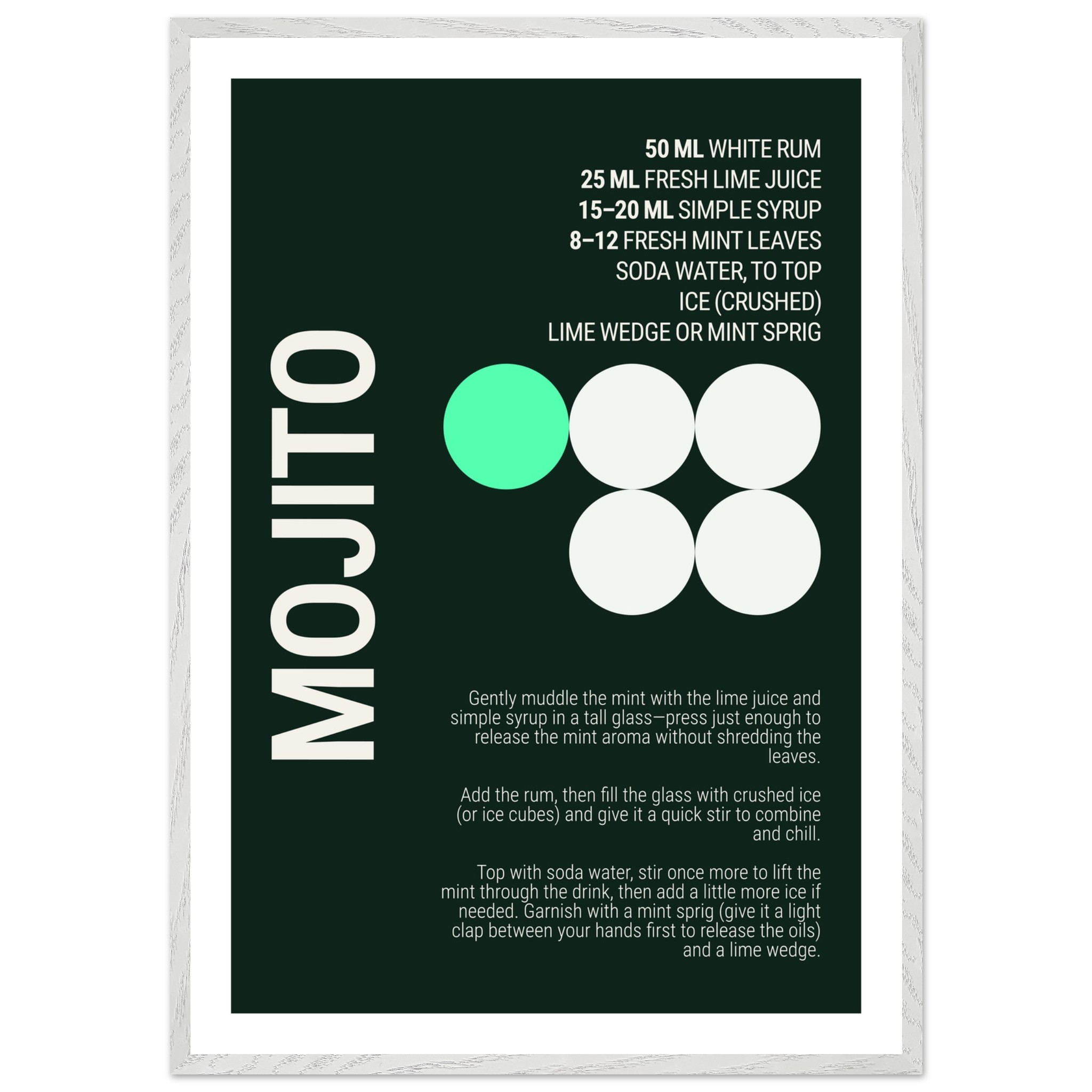 Typography print poster featuring a mojito cocktail recipe on a dark background.
