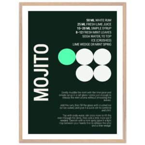 Typography print poster featuring a mojito cocktail recipe on a dark background.