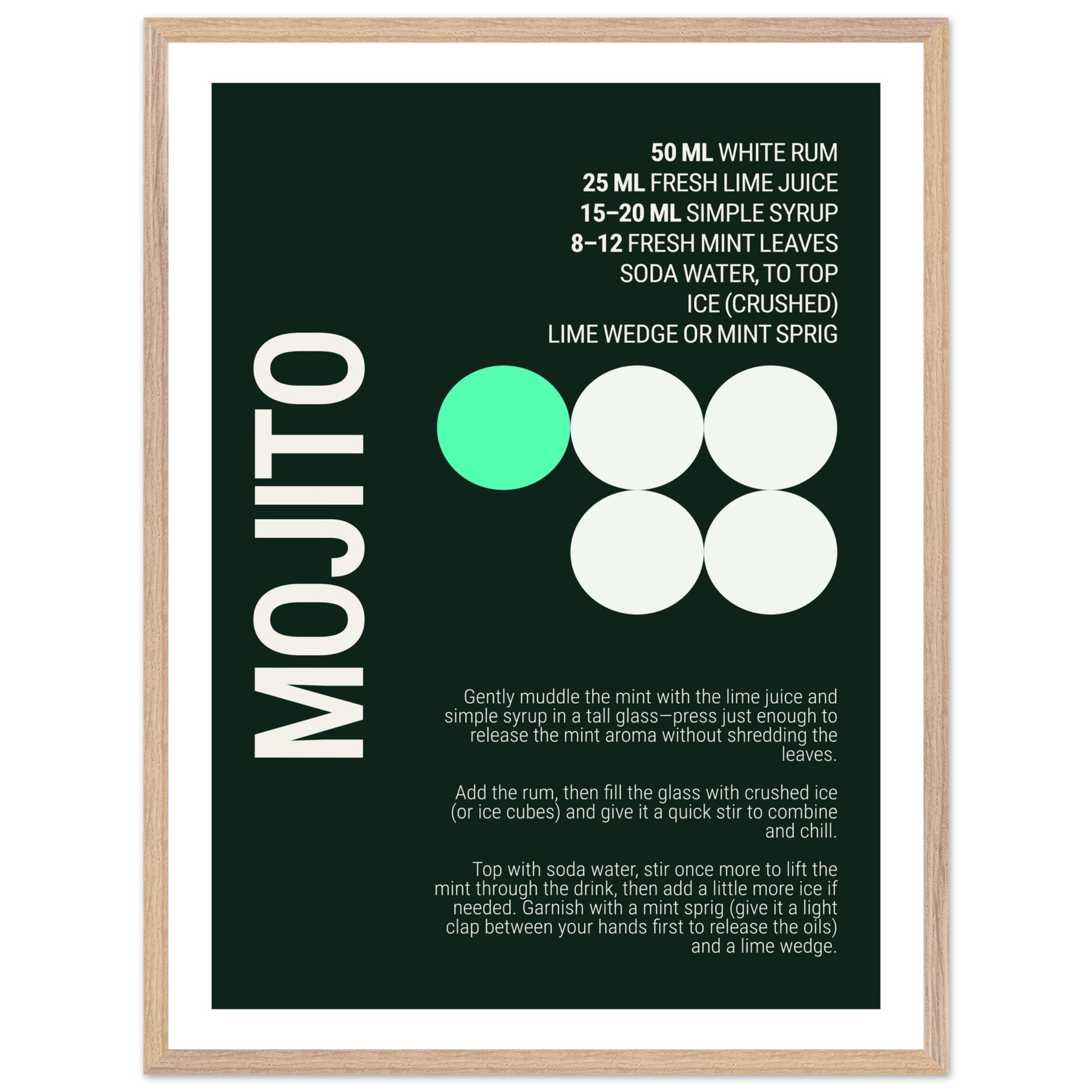 Typography print poster featuring a mojito cocktail recipe on a dark background.