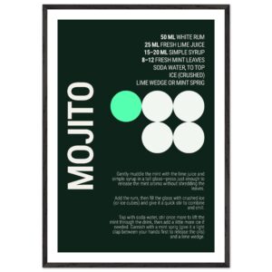Mojito cocktail recipe poster with deep mint and forest green colors.