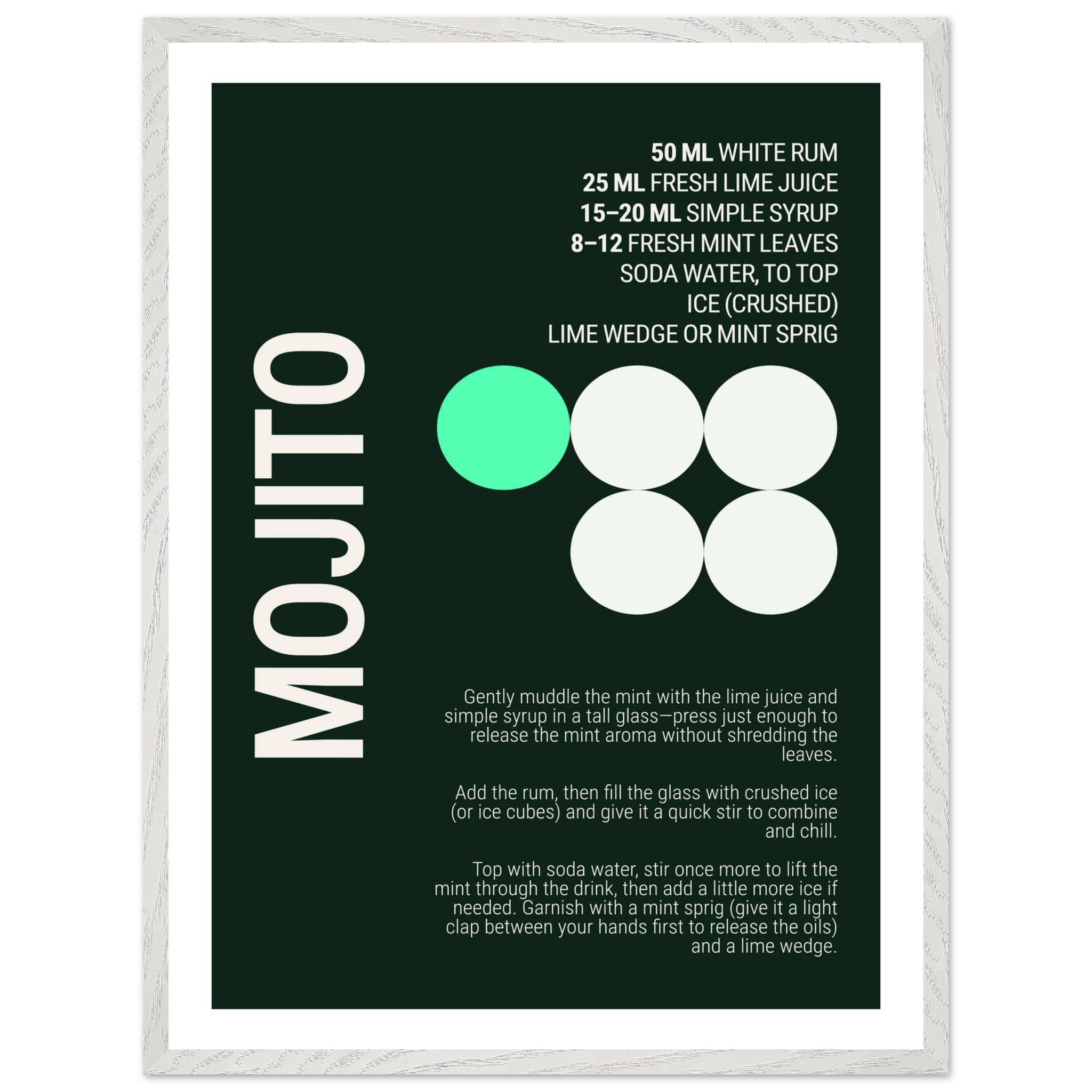 Typography print poster featuring a mojito cocktail recipe on a dark background.