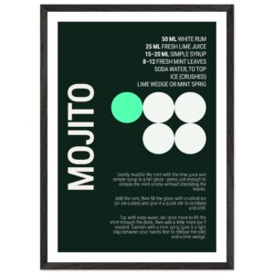 Typography poster featuring a mojito recipe on a dark green background.