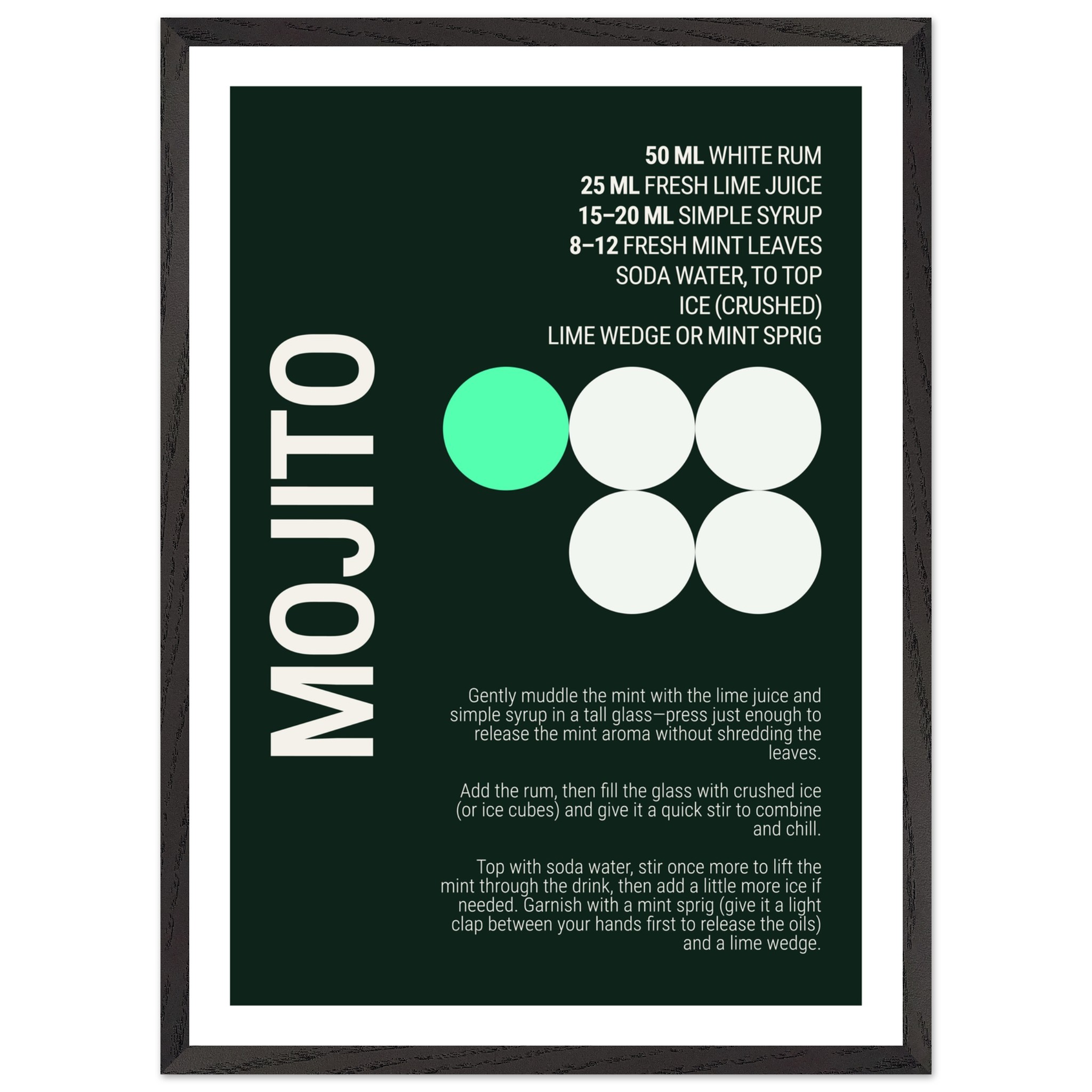 Typography poster featuring a mojito recipe on a dark green background.