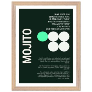 Typography print poster featuring a mojito recipe on a dark background.
